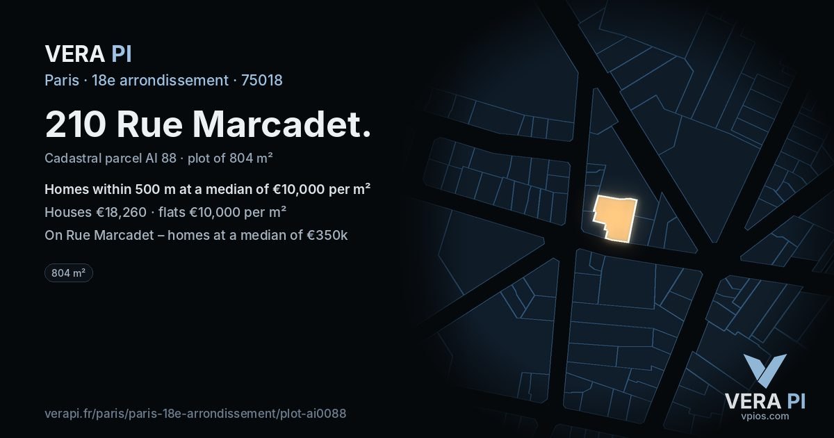 210 Rue Marcadet, 18e arrondissement at night – the plot lit, the parcels around coloured by the prices near them