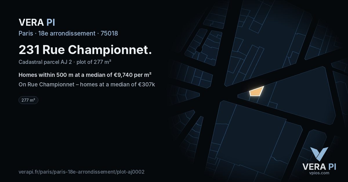 231 Rue Championnet, 18e arrondissement at night – the plot lit, the parcels around coloured by the prices near them