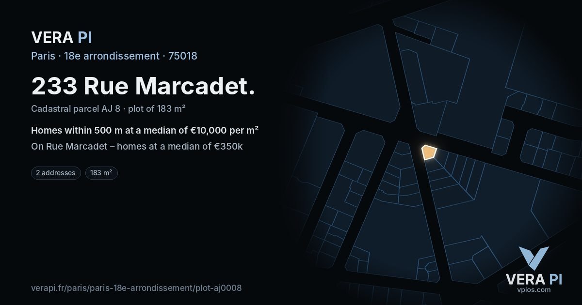 233 Rue Marcadet, 18e arrondissement at night – the plot lit, the parcels around coloured by the prices near them