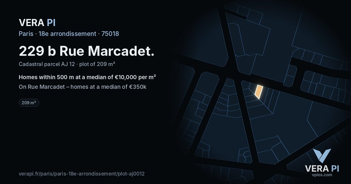 229 b Rue Marcadet, 18e arrondissement at night – the plot lit, the parcels around coloured by the prices near them