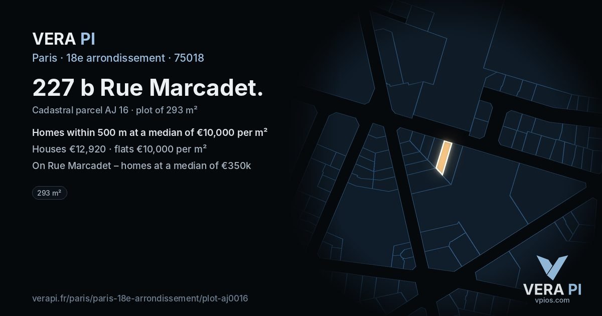 227 b Rue Marcadet, 18e arrondissement at night – the plot lit, the parcels around coloured by the prices near them