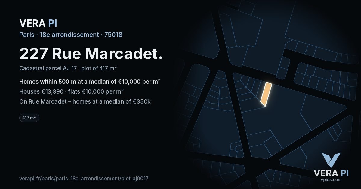 227 Rue Marcadet, 18e arrondissement at night – the plot lit, the parcels around coloured by the prices near them