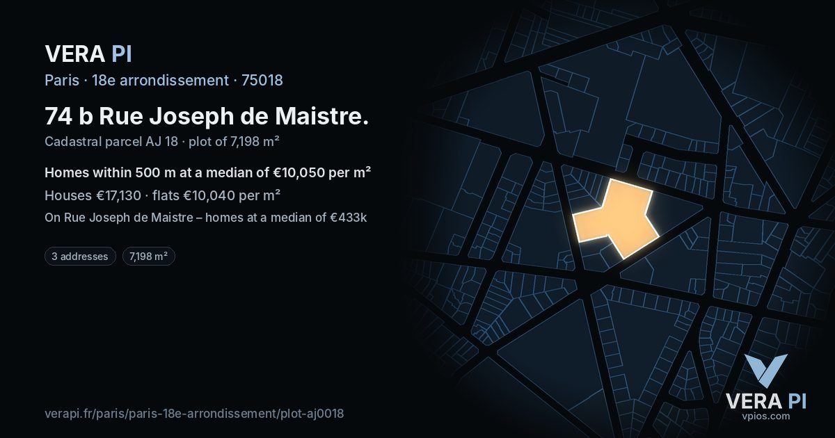 74 b Rue Joseph de Maistre, 18e arrondissement at night – the plot lit, the parcels around coloured by the prices near them