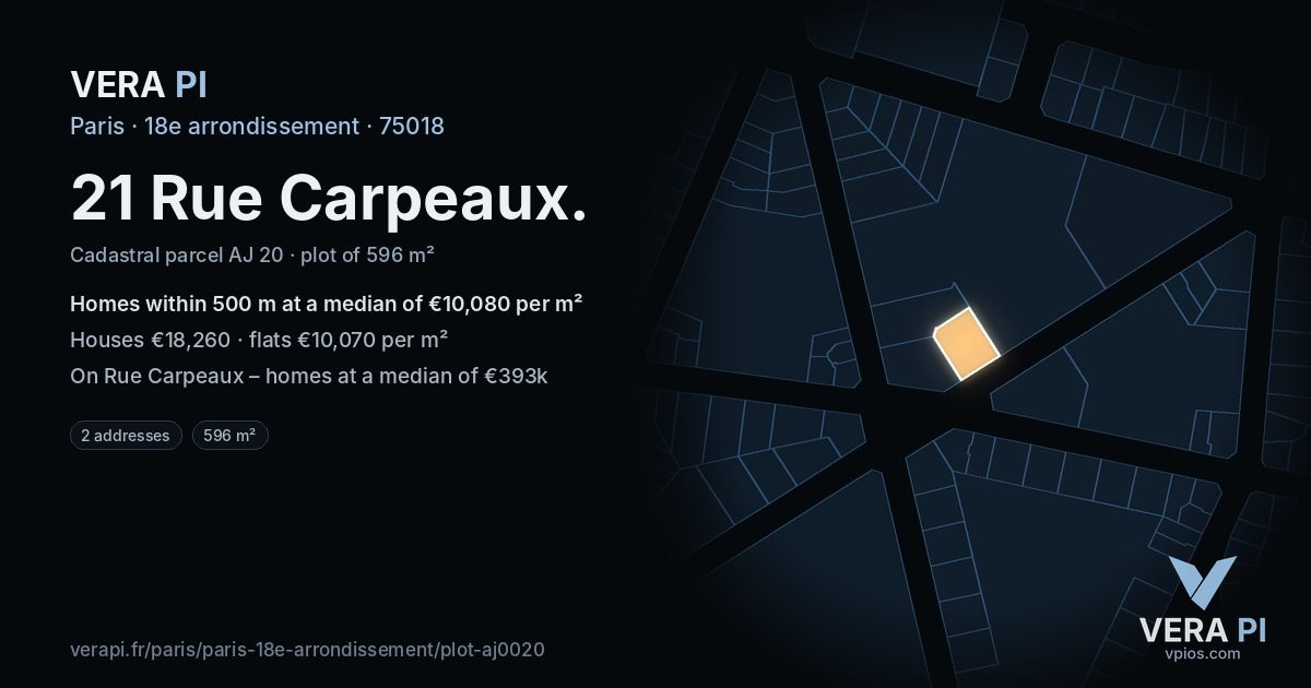 21 Rue Carpeaux, 18e arrondissement at night – the plot lit, the parcels around coloured by the prices near them