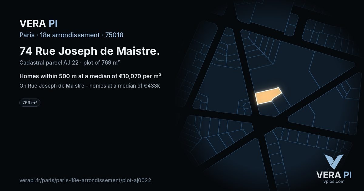 74 Rue Joseph de Maistre, 18e arrondissement at night – the plot lit, the parcels around coloured by the prices near them
