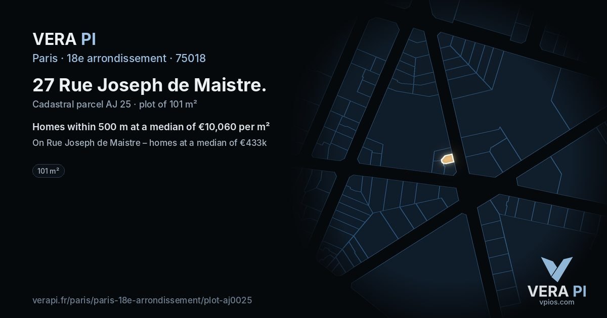 27 Rue Joseph de Maistre, 18e arrondissement at night – the plot lit, the parcels around coloured by the prices near them