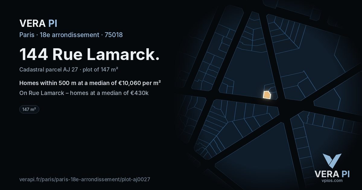 144 Rue Lamarck, 18e arrondissement at night – the plot lit, the parcels around coloured by the prices near them
