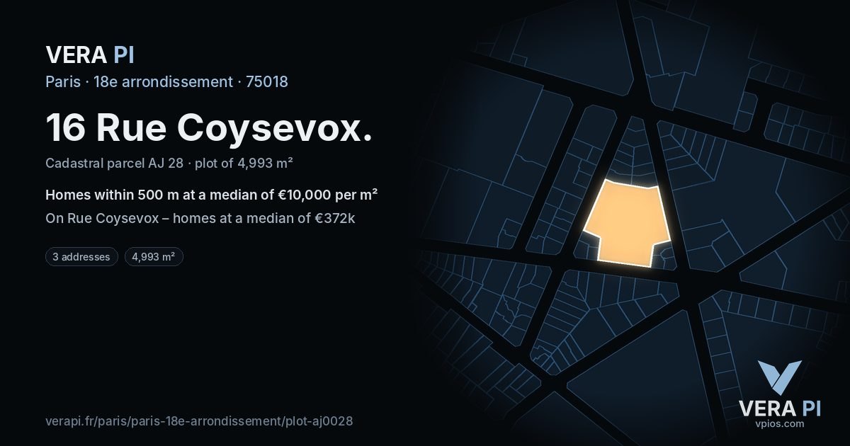 16 Rue Coysevox, 18e arrondissement at night – the plot lit, the parcels around coloured by the prices near them
