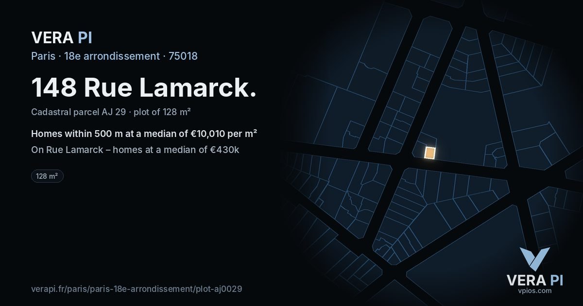 148 Rue Lamarck, 18e arrondissement at night – the plot lit, the parcels around coloured by the prices near them