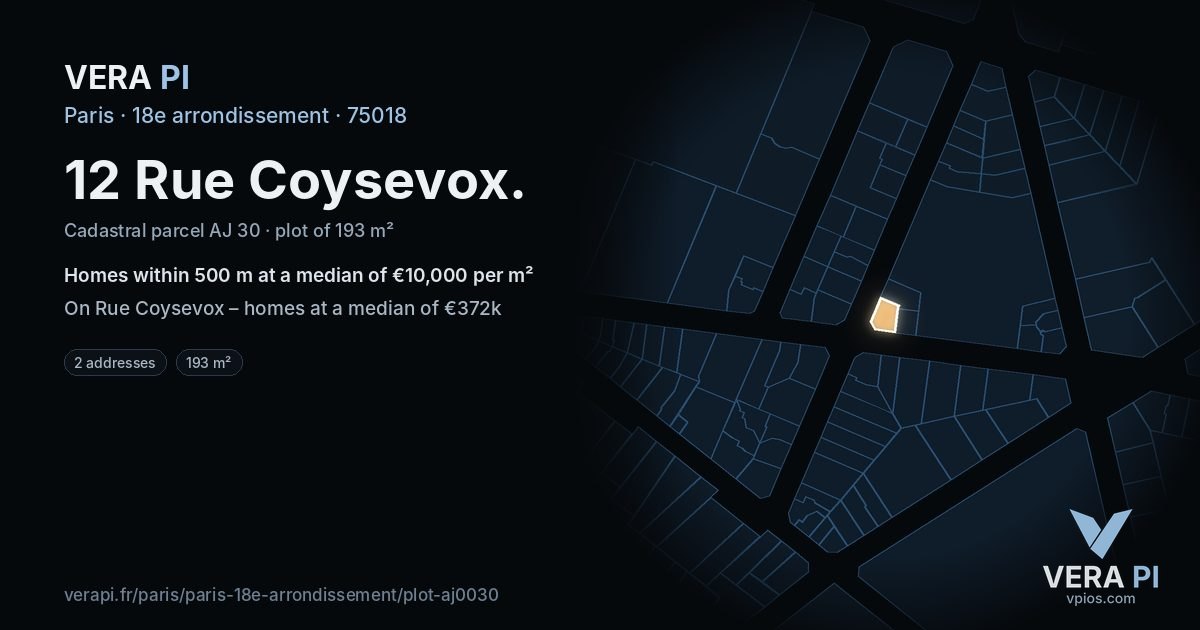 12 Rue Coysevox, 18e arrondissement at night – the plot lit, the parcels around coloured by the prices near them
