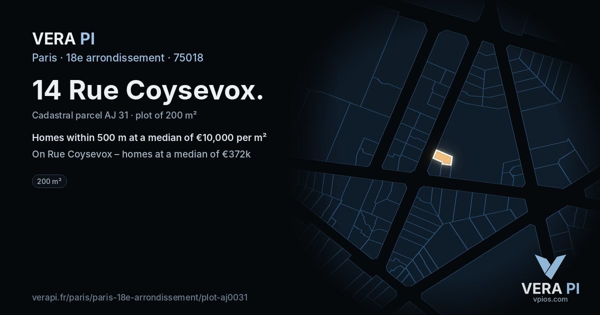 14 Rue Coysevox, 18e arrondissement at night – the plot lit, the parcels around coloured by the prices near them