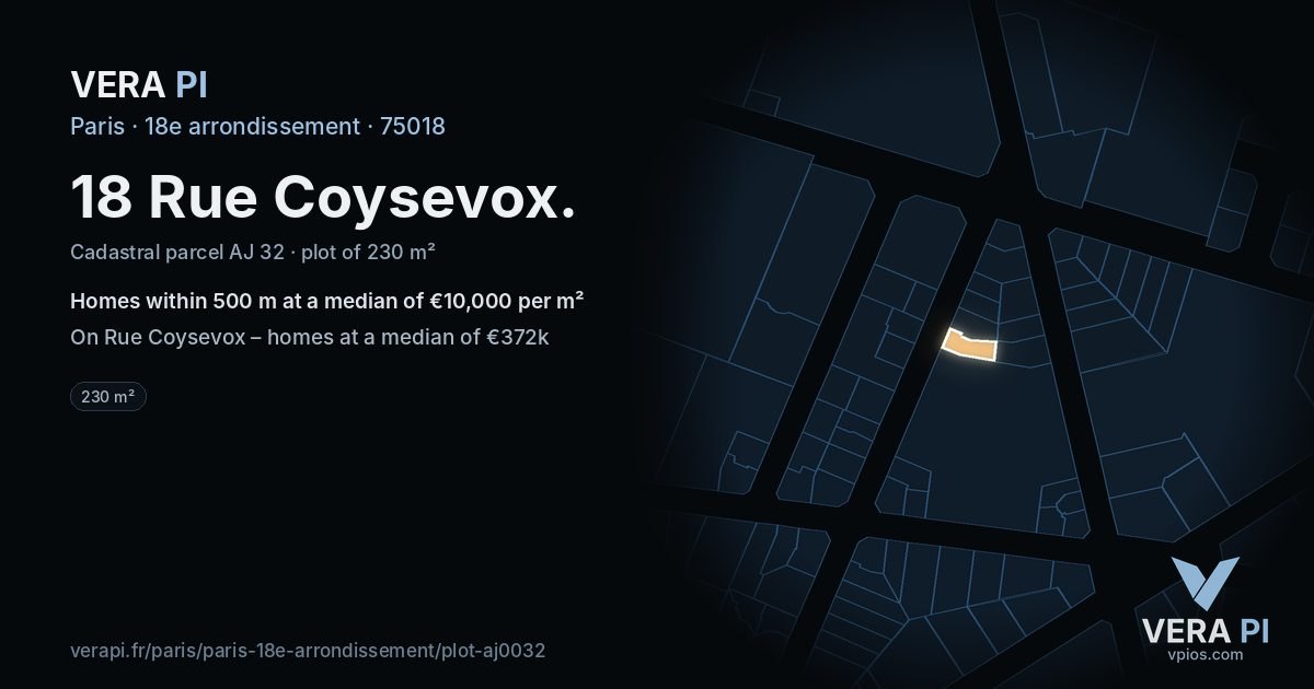 18 Rue Coysevox, 18e arrondissement at night – the plot lit, the parcels around coloured by the prices near them