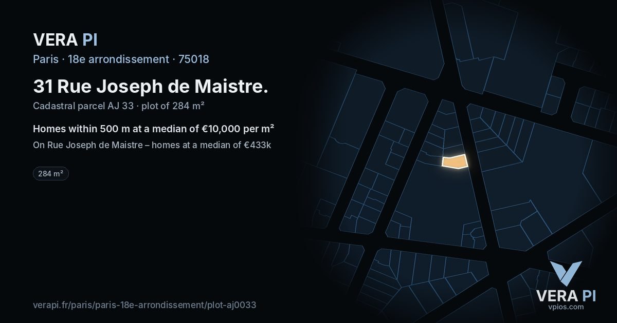 31 Rue Joseph de Maistre, 18e arrondissement at night – the plot lit, the parcels around coloured by the prices near them