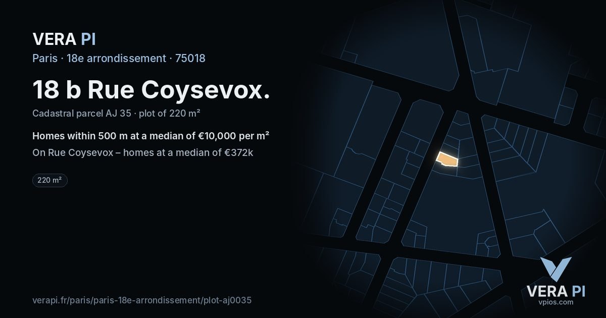 18 b Rue Coysevox, 18e arrondissement at night – the plot lit, the parcels around coloured by the prices near them