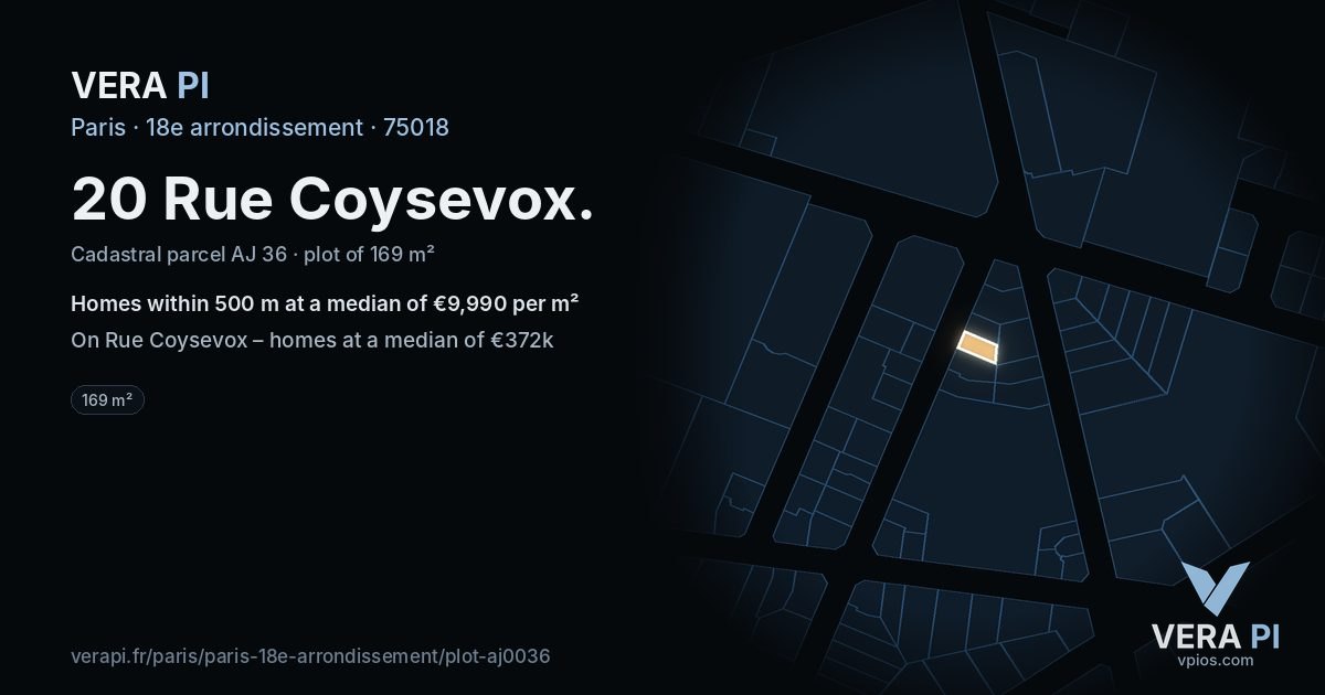 20 Rue Coysevox, 18e arrondissement at night – the plot lit, the parcels around coloured by the prices near them