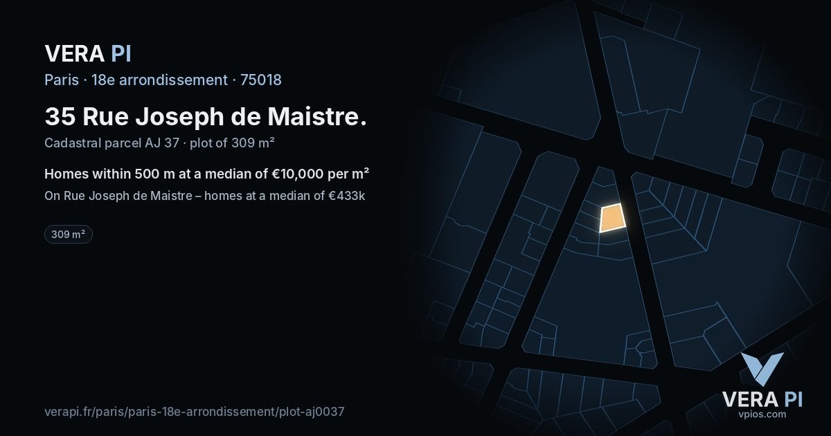 35 Rue Joseph de Maistre, 18e arrondissement at night – the plot lit, the parcels around coloured by the prices near them