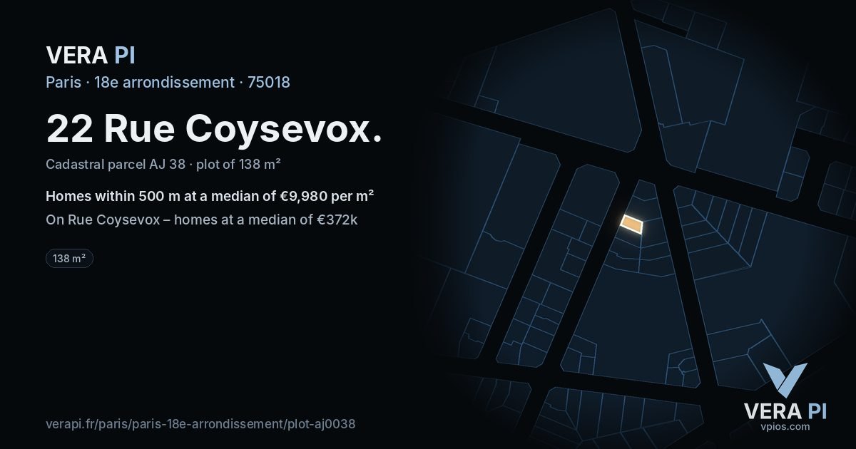 22 Rue Coysevox, 18e arrondissement at night – the plot lit, the parcels around coloured by the prices near them