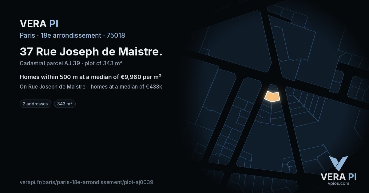 37 Rue Joseph de Maistre, 18e arrondissement at night – the plot lit, the parcels around coloured by the prices near them