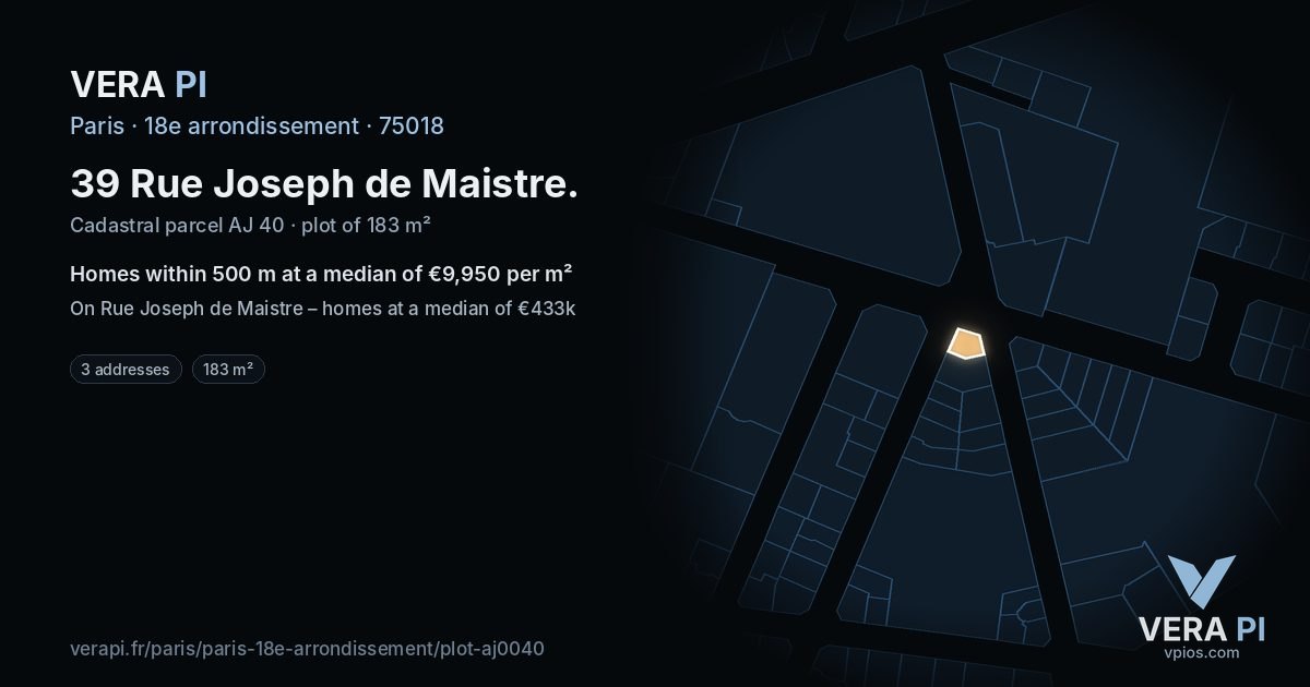 39 Rue Joseph de Maistre, 18e arrondissement at night – the plot lit, the parcels around coloured by the prices near them