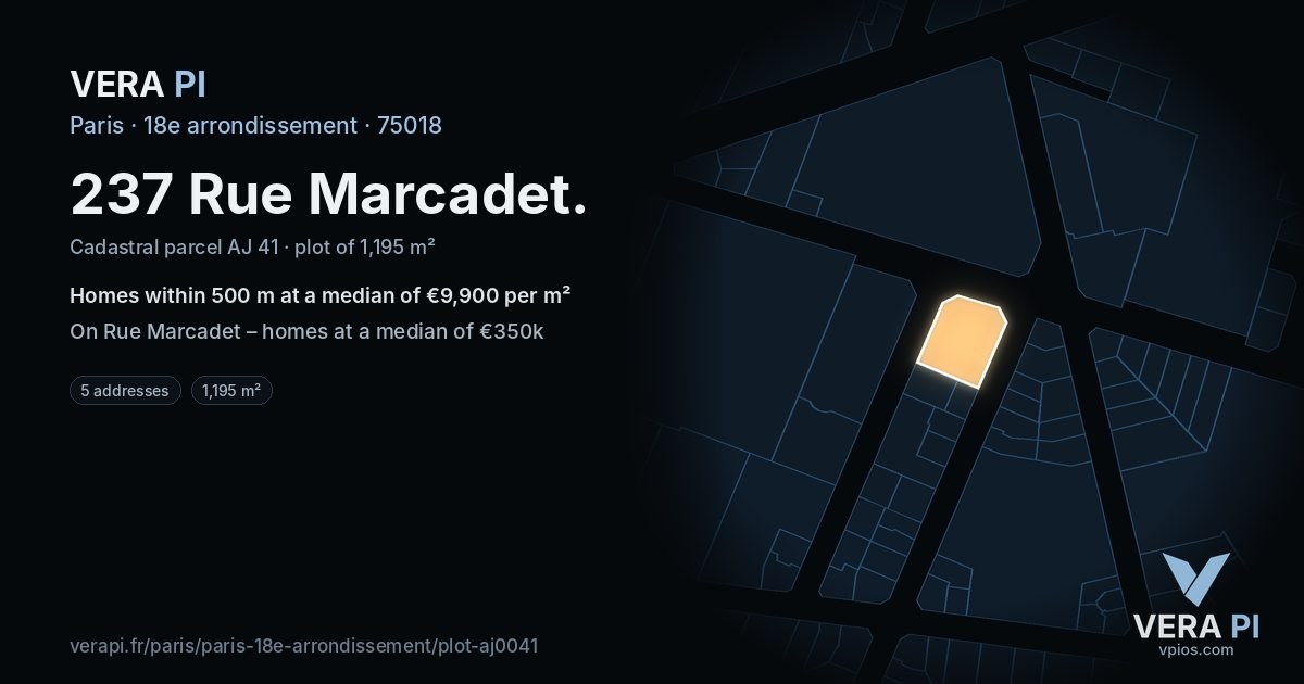 237 Rue Marcadet, 18e arrondissement at night – the plot lit, the parcels around coloured by the prices near them
