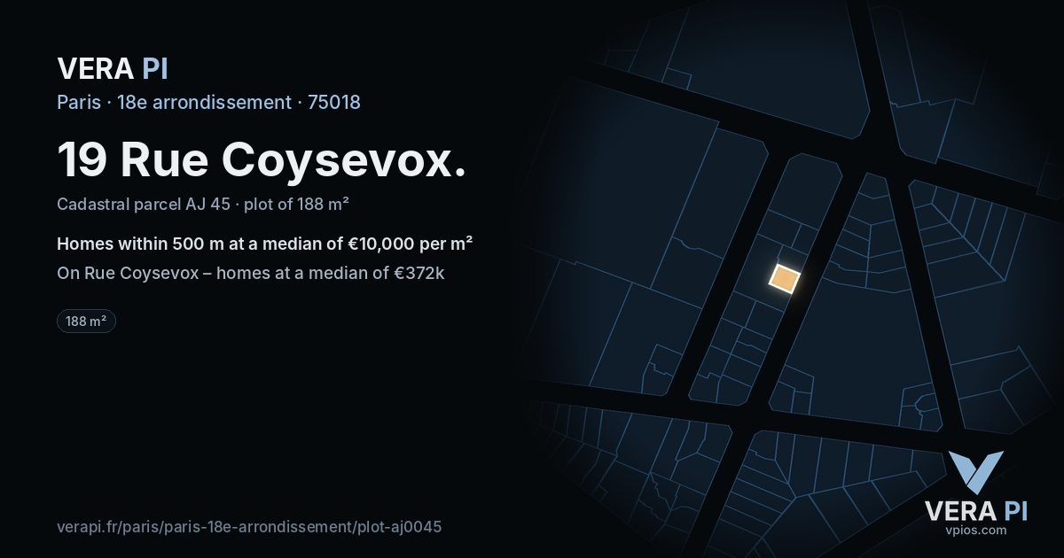 19 Rue Coysevox, 18e arrondissement at night – the plot lit, the parcels around coloured by the prices near them