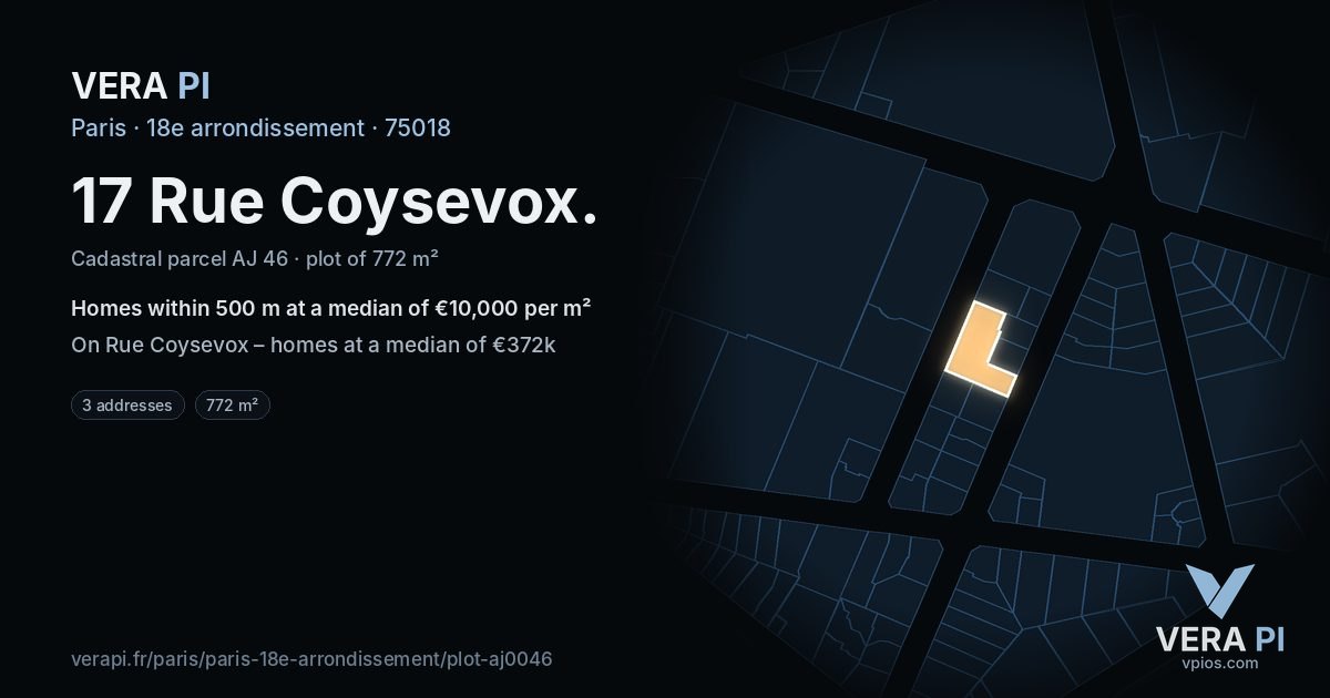 17 Rue Coysevox, 18e arrondissement at night – the plot lit, the parcels around coloured by the prices near them