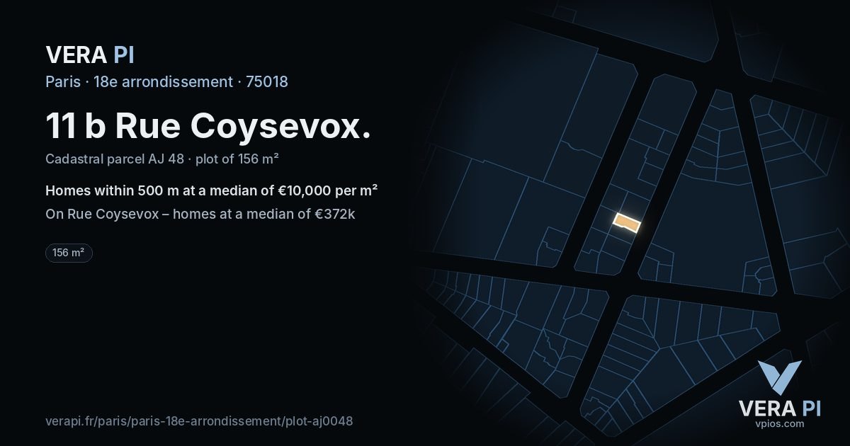 11 b Rue Coysevox, 18e arrondissement at night – the plot lit, the parcels around coloured by the prices near them