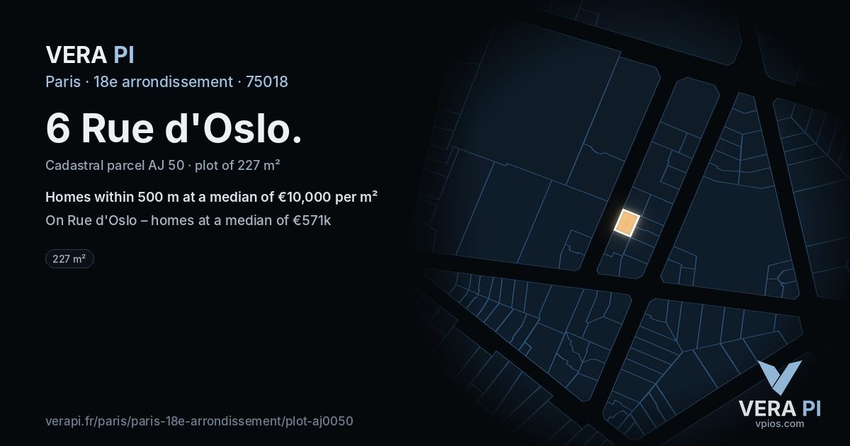 6 Rue d'Oslo, 18e arrondissement at night – the plot lit, the parcels around coloured by the prices near them