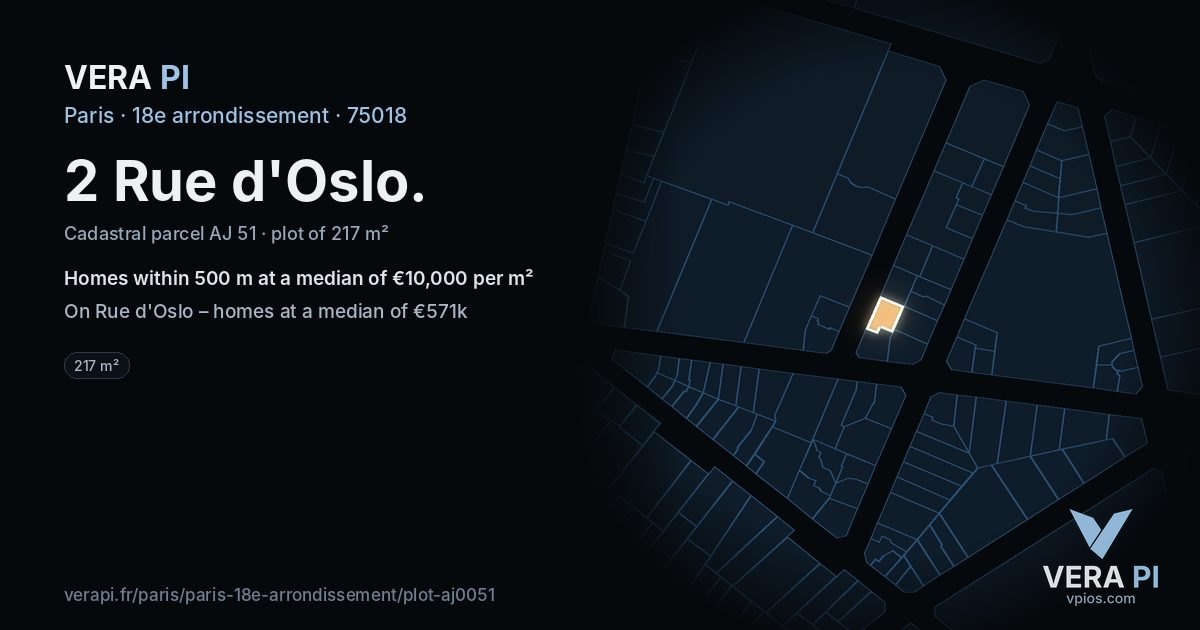2 Rue d'Oslo, 18e arrondissement at night – the plot lit, the parcels around coloured by the prices near them