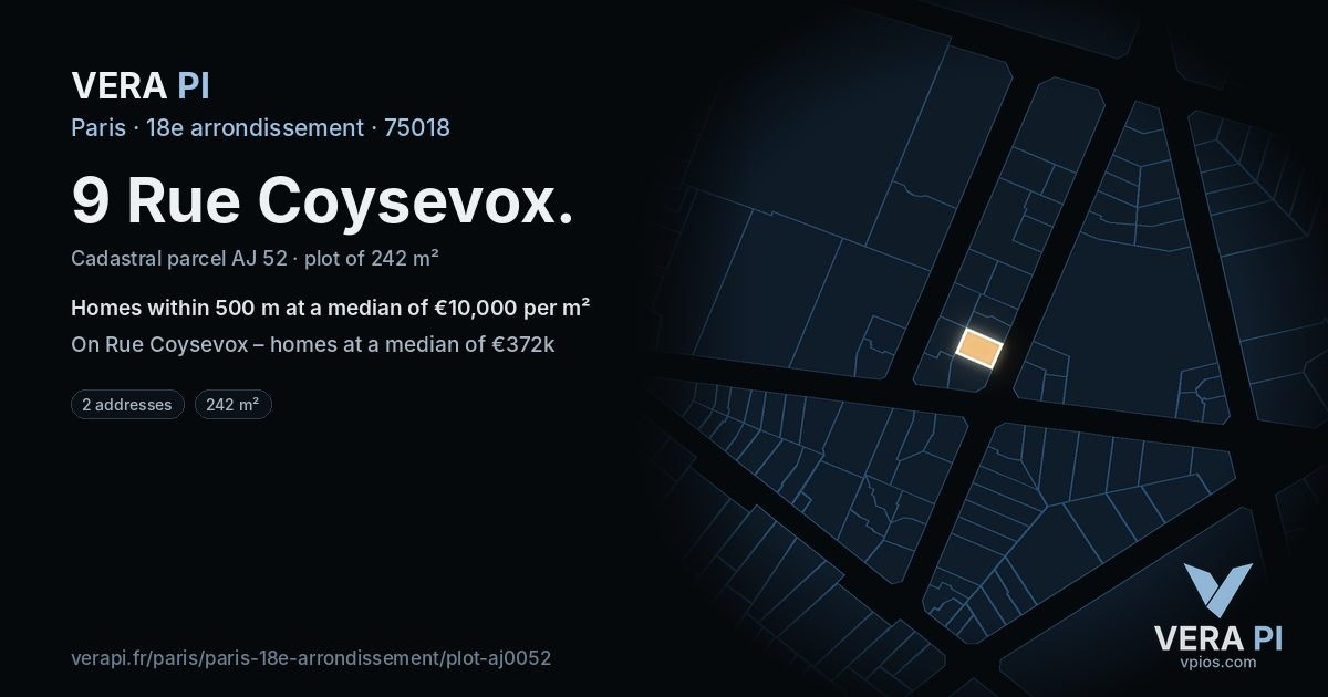 9 Rue Coysevox, 18e arrondissement at night – the plot lit, the parcels around coloured by the prices near them
