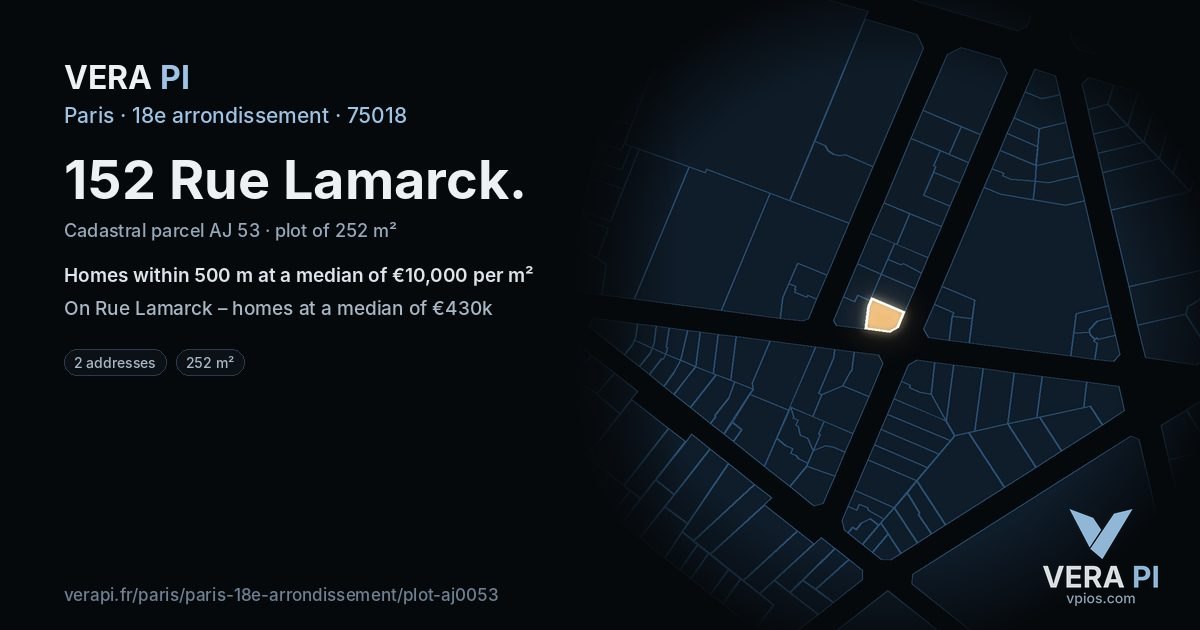 152 Rue Lamarck, 18e arrondissement at night – the plot lit, the parcels around coloured by the prices near them