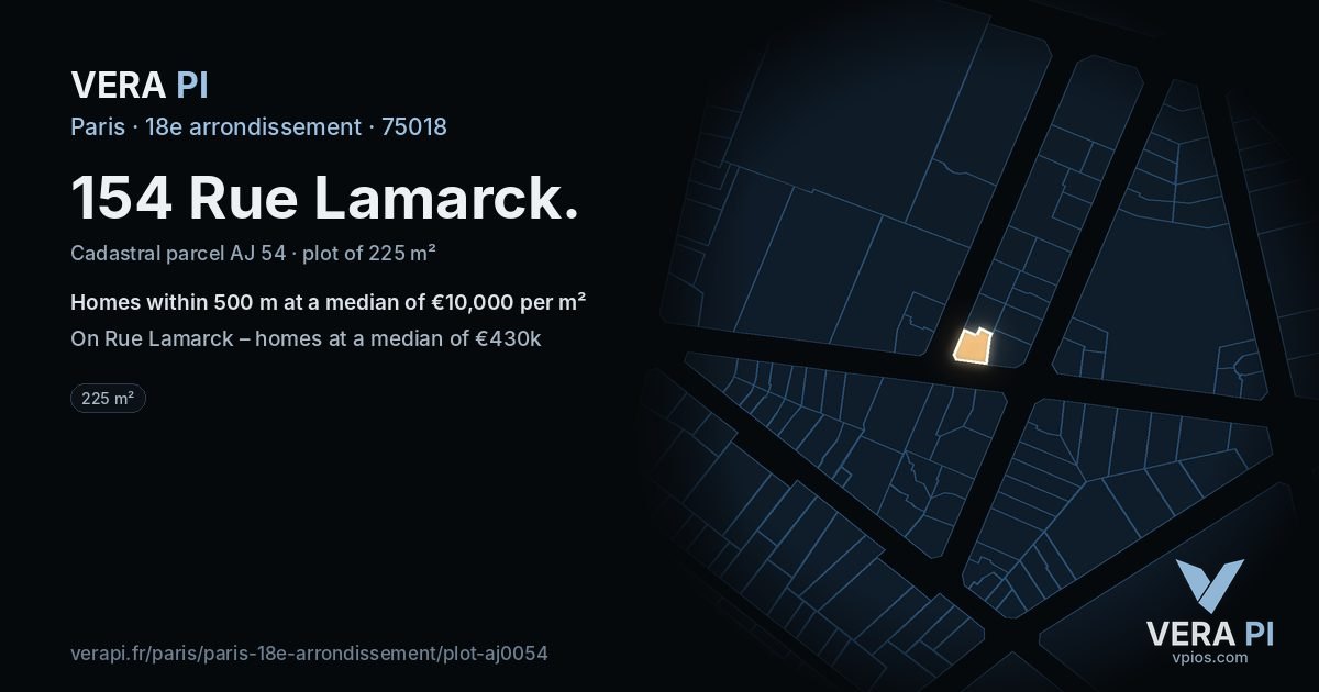 154 Rue Lamarck, 18e arrondissement at night – the plot lit, the parcels around coloured by the prices near them