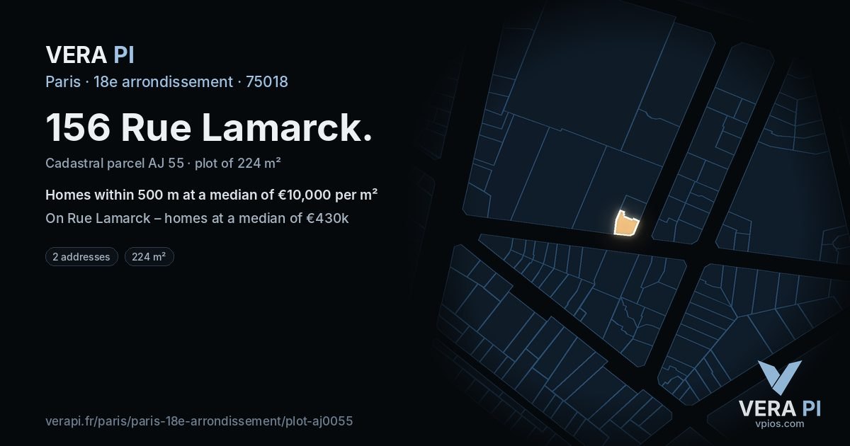 156 Rue Lamarck, 18e arrondissement at night – the plot lit, the parcels around coloured by the prices near them