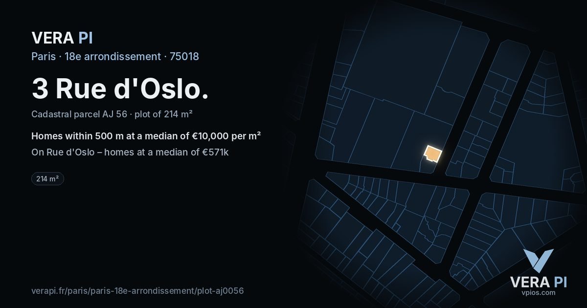3 Rue d'Oslo, 18e arrondissement at night – the plot lit, the parcels around coloured by the prices near them