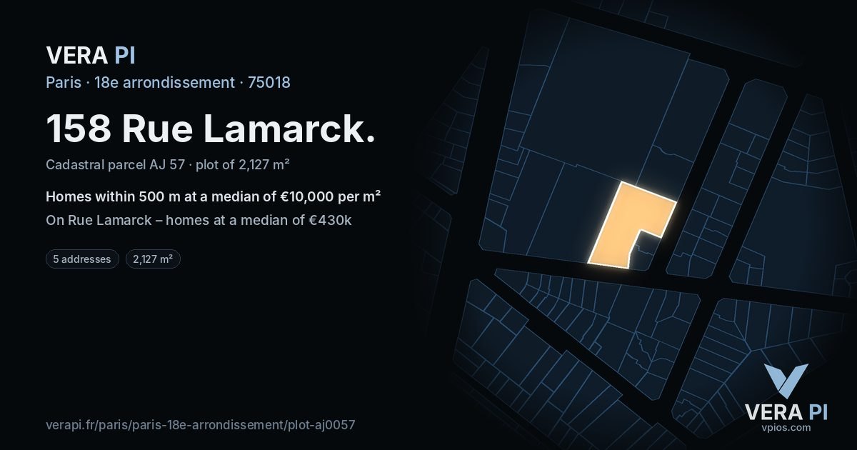 158 Rue Lamarck, 18e arrondissement at night – the plot lit, the parcels around coloured by the prices near them