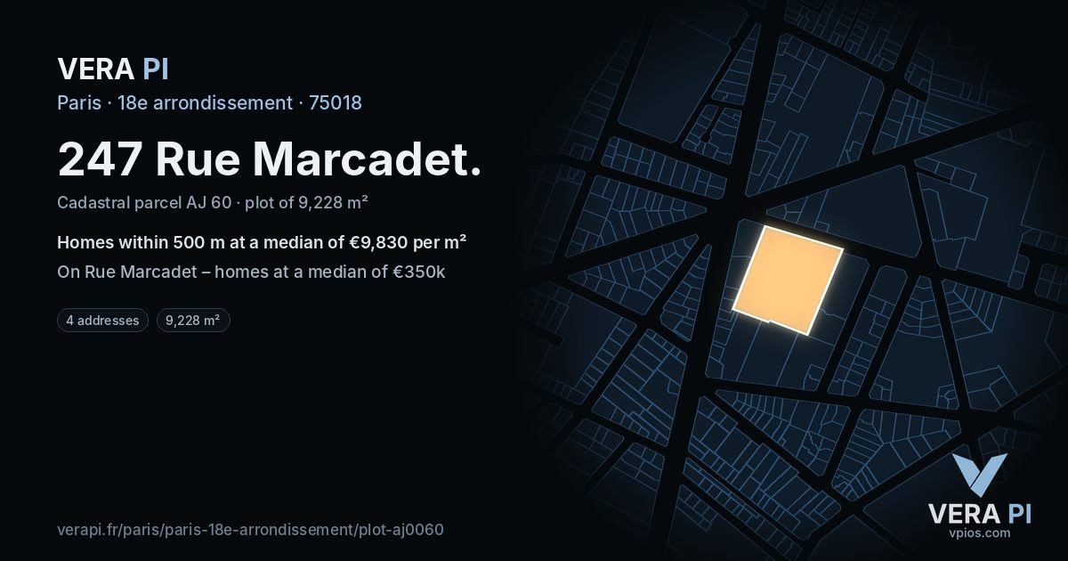 247 Rue Marcadet, 18e arrondissement at night – the plot lit, the parcels around coloured by the prices near them