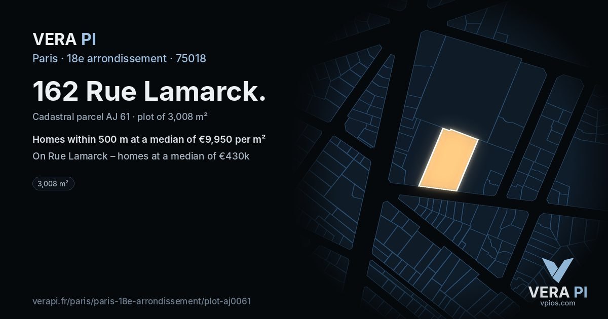 162 Rue Lamarck, 18e arrondissement at night – the plot lit, the parcels around coloured by the prices near them