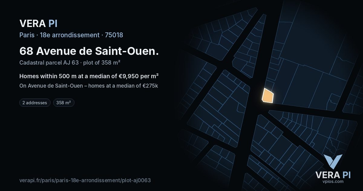 68 Avenue de Saint-Ouen, 18e arrondissement at night – the plot lit, the parcels around coloured by the prices near them