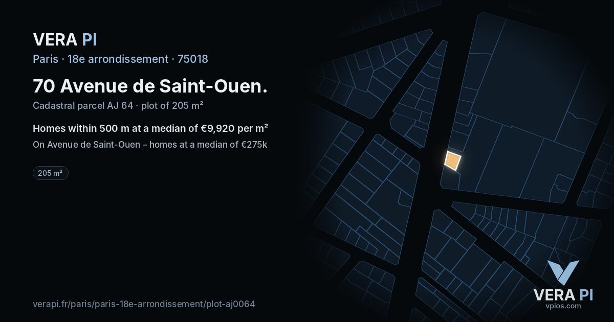 70 Avenue de Saint-Ouen, 18e arrondissement at night – the plot lit, the parcels around coloured by the prices near them