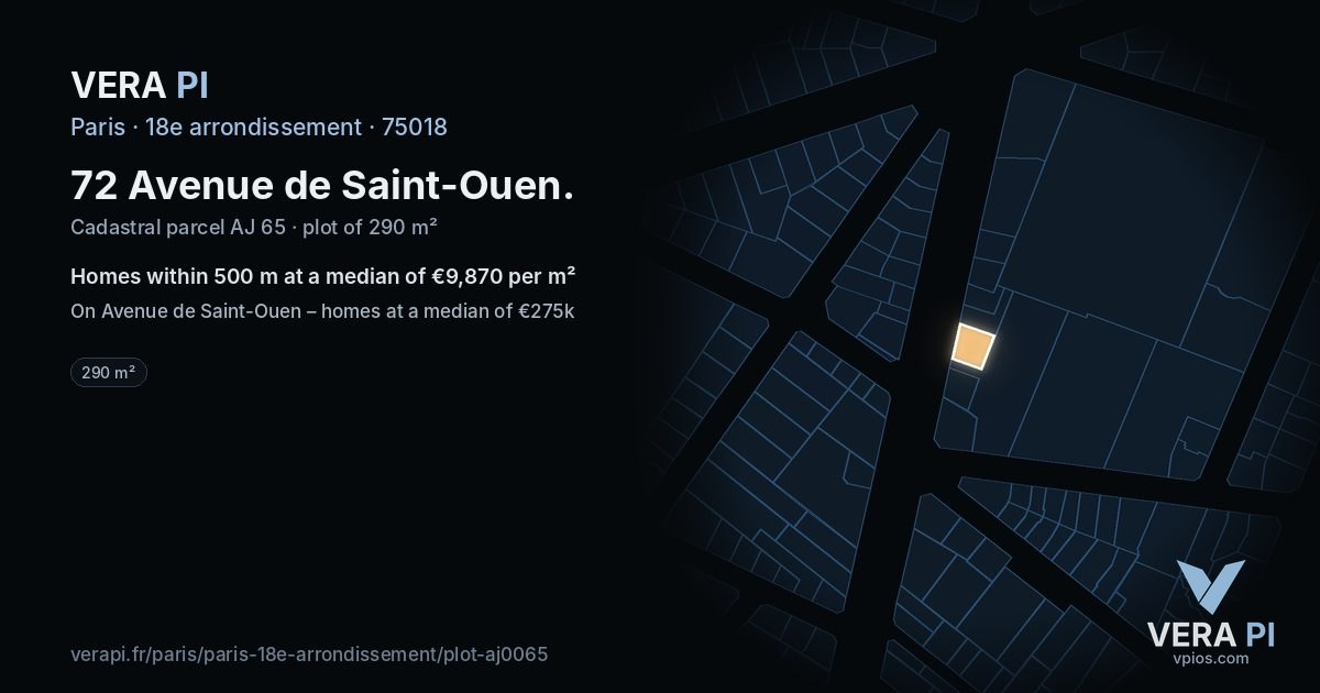 72 Avenue de Saint-Ouen, 18e arrondissement at night – the plot lit, the parcels around coloured by the prices near them