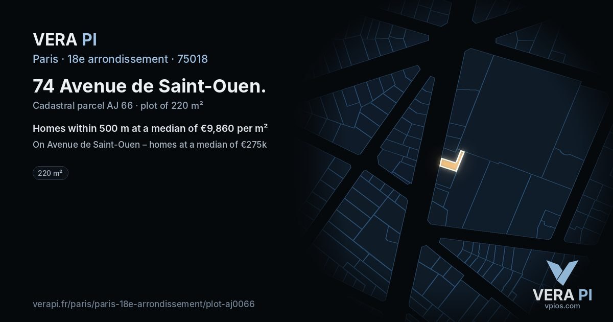 74 Avenue de Saint-Ouen, 18e arrondissement at night – the plot lit, the parcels around coloured by the prices near them
