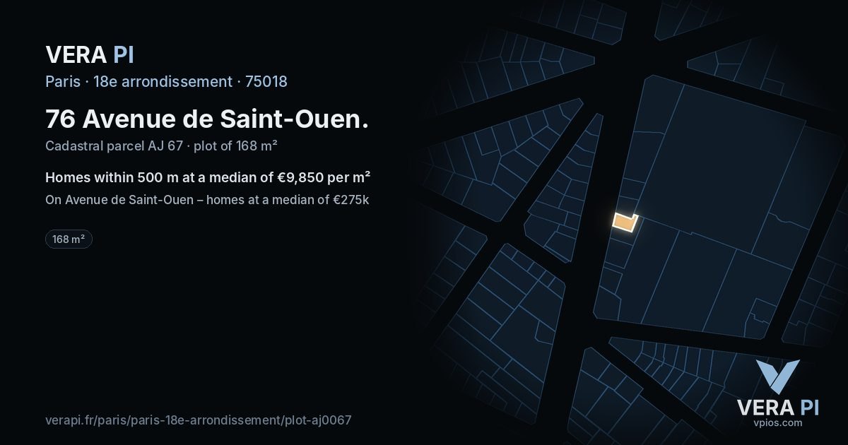 76 Avenue de Saint-Ouen, 18e arrondissement at night – the plot lit, the parcels around coloured by the prices near them