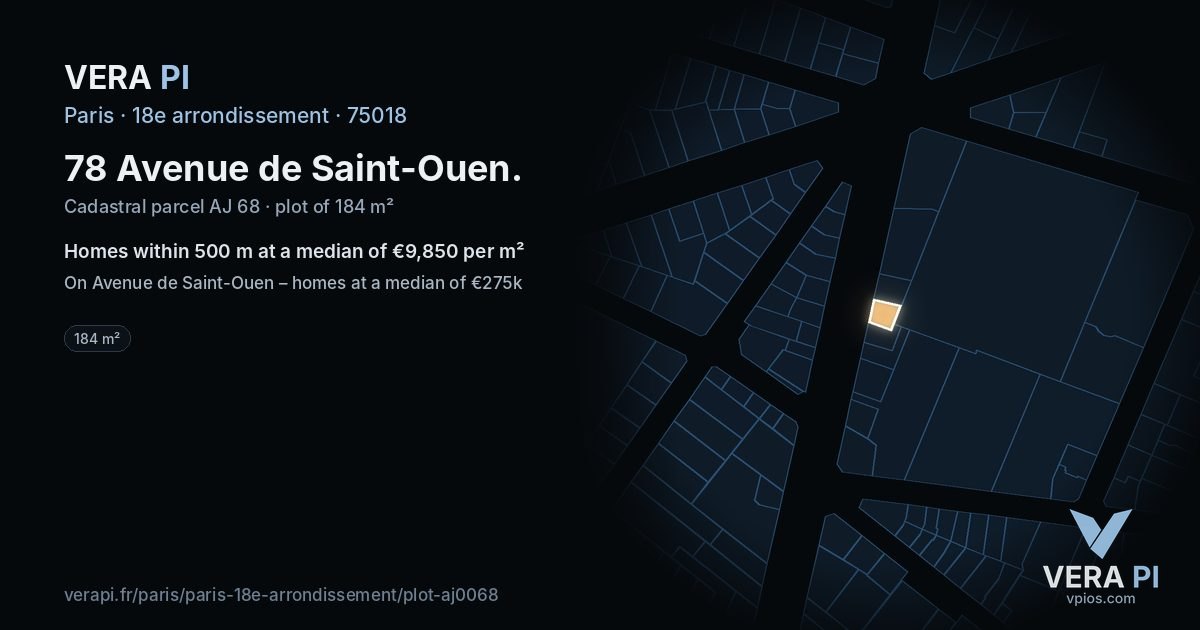 78 Avenue de Saint-Ouen, 18e arrondissement at night – the plot lit, the parcels around coloured by the prices near them