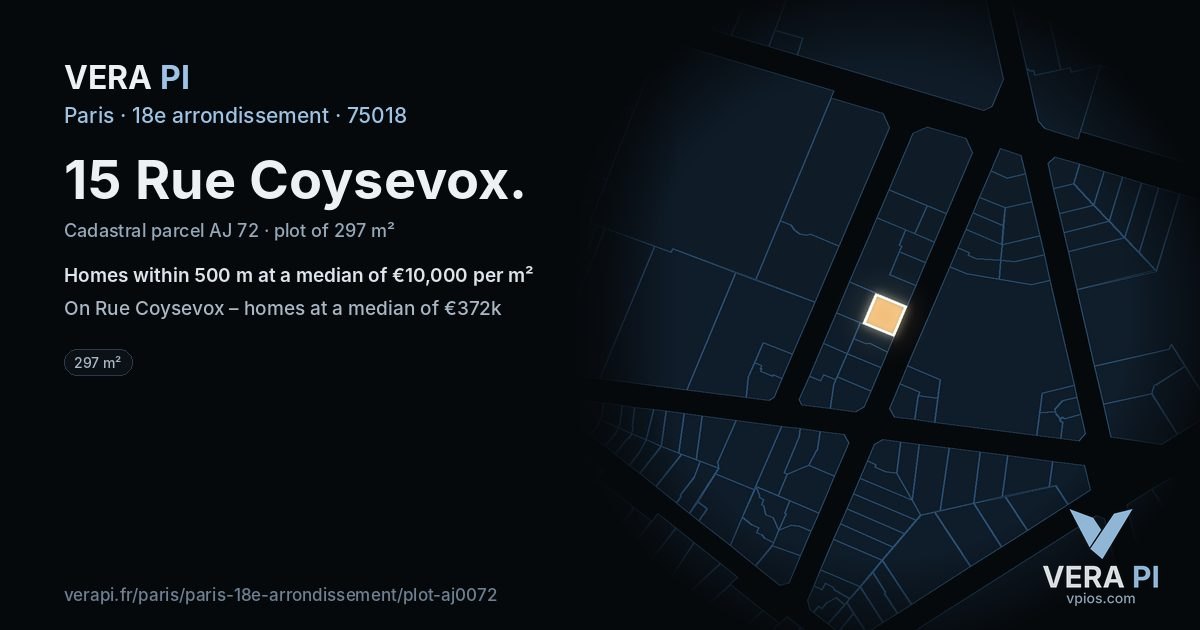 15 Rue Coysevox, 18e arrondissement at night – the plot lit, the parcels around coloured by the prices near them