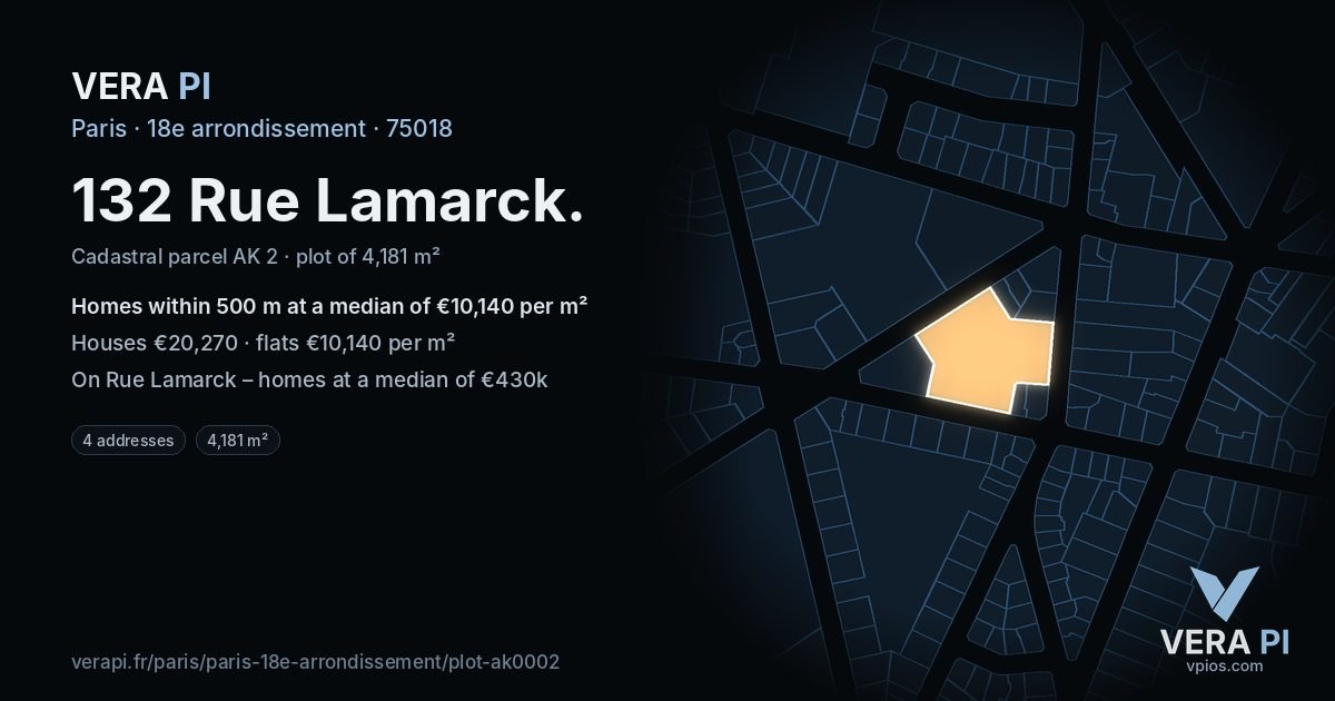 132 Rue Lamarck, 18e arrondissement at night – the plot lit, the parcels around coloured by the prices near them