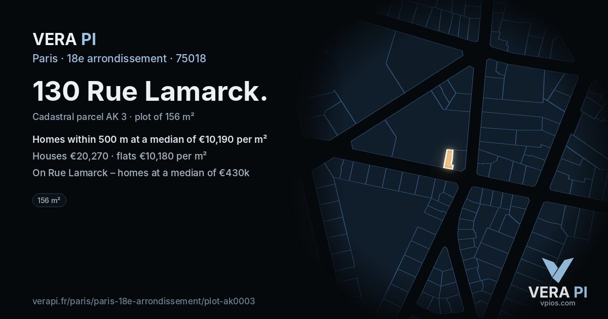 130 Rue Lamarck, 18e arrondissement at night – the plot lit, the parcels around coloured by the prices near them