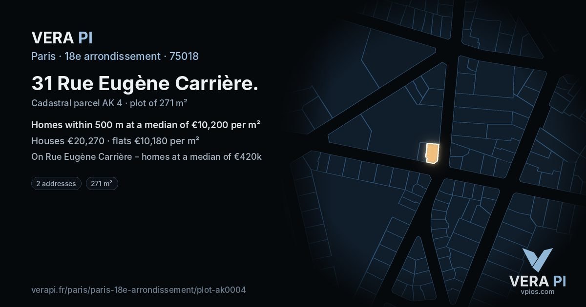 31 Rue Eugène Carrière, 18e arrondissement at night – the plot lit, the parcels around coloured by the prices near them