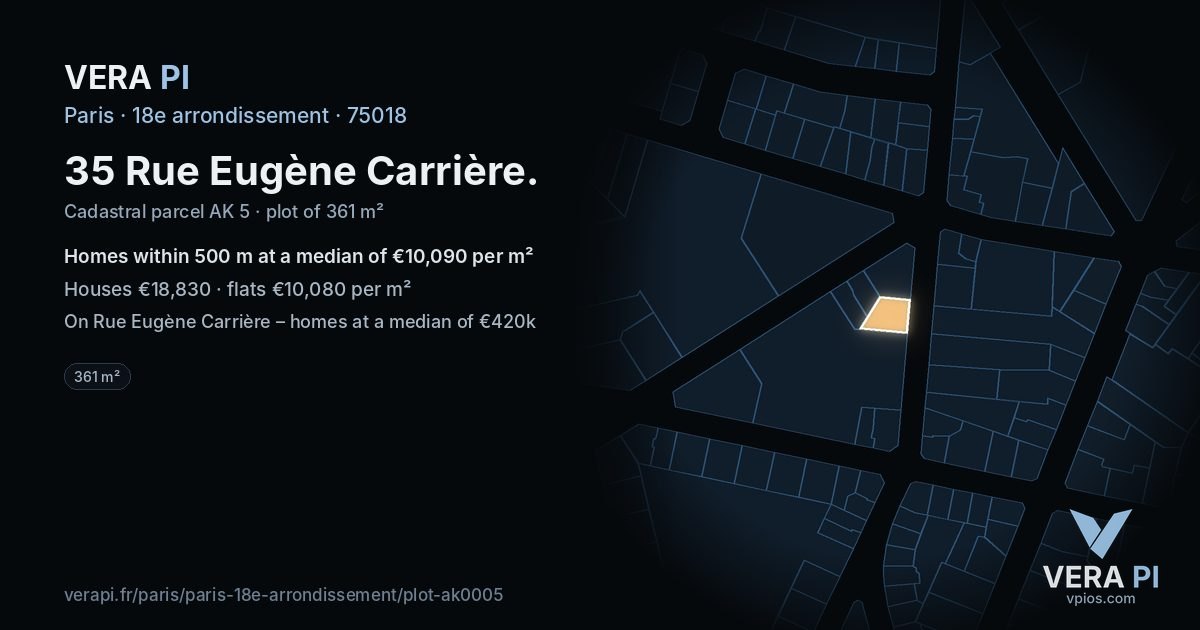 35 Rue Eugène Carrière, 18e arrondissement at night – the plot lit, the parcels around coloured by the prices near them