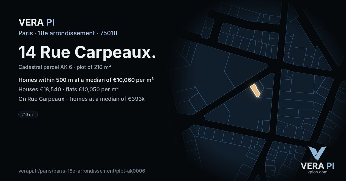 14 Rue Carpeaux, 18e arrondissement at night – the plot lit, the parcels around coloured by the prices near them