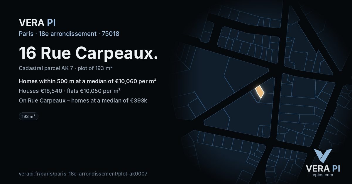 16 Rue Carpeaux, 18e arrondissement at night – the plot lit, the parcels around coloured by the prices near them